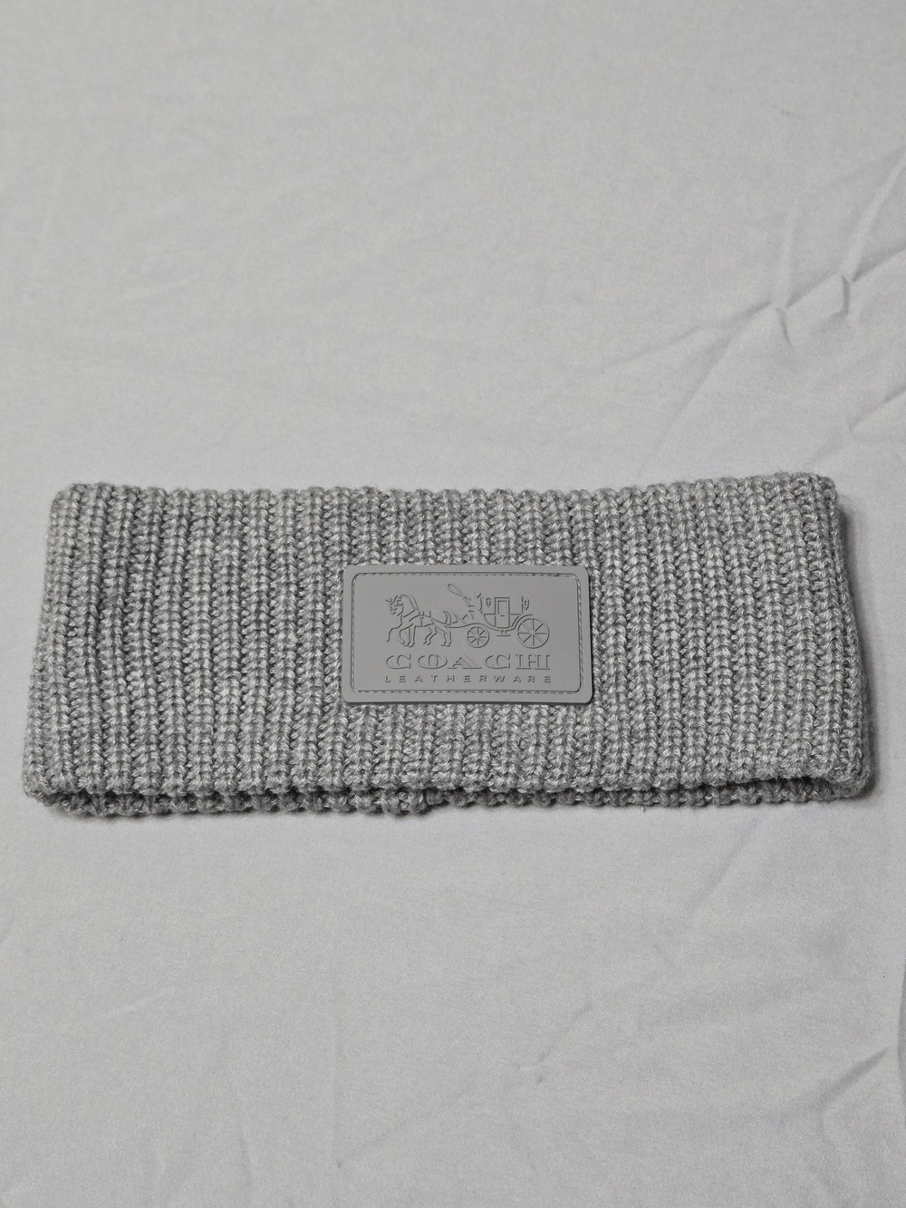 Coach Light Gray Ribbed Knit Headband with Logo Patch